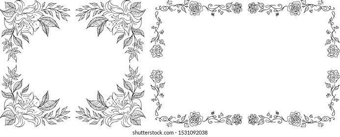 Tropical hand-drawn floral rectangular shaped frames. Outline set. Jungle illustration. Floral set. Vector isolated collection. Natural spring wedding card. Summer tropical leaf. Botanical frames