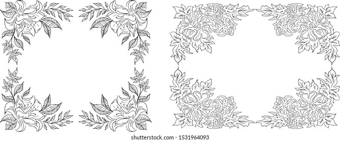 Tropical hand-drawn floral rectangular shaped frames. Outline set. Jungle illustration. Floral set. Vector isolated collection. Natural spring wedding card. Summer tropical leaf. Botanical frames