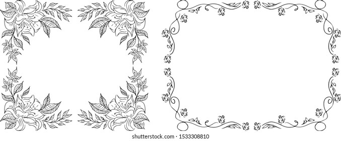 Tropical hand-drawn floral rectangular shaped frames. Outline set. Jungle illustration. Floral set. Vector isolated collection. Natural spring wedding card.  