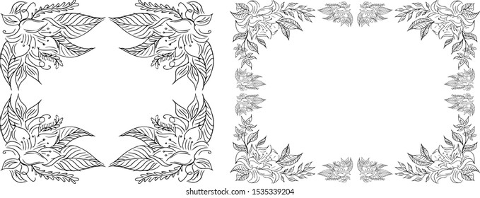 Tropical hand-drawn floral rectangular shaped frames. Outline set. Jungle illustration. Floral set. Vector isolated collection. Natural spring wedding card. Summer tropical leaf. Botanical frames