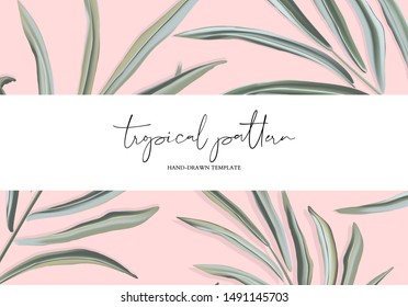 Tropical Hand-drawn Soft Palm Leaves Background. Vector Floral Illustration. Summer Nature Print. Exotic Plant With Typography.