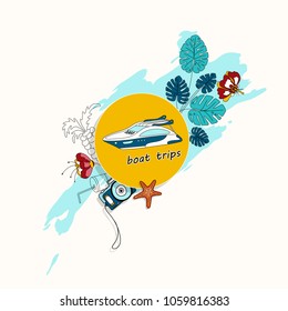 Tropical hand-drawn style design for banner or flyer with palm leaves, flowers, boat, pineapple and starfish. Vector illustration