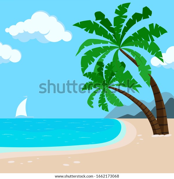 Tropical Hawaii beach background with palm trees, sea,\
sailboat. Seaside view travel banner. Vector illustration exotic\
seascape in flat cartoon style. Summer paradise island sandy beach\
banner. 