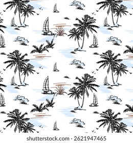 Tropical Hawaii  Coconut Tree And Boat Pattern 