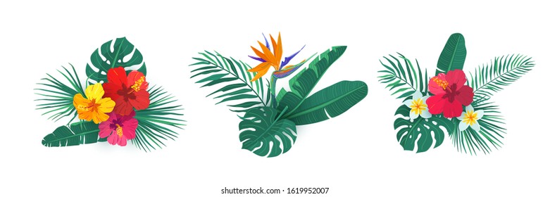 Tropical hawaii flower bouquet vector set. Composition with exotic plants in simple flat style for summer print design. Tropic element isolated on white background.