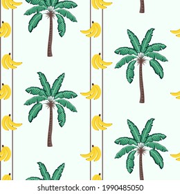 Tropical hawaii miami seamless pattern with vertical stripes of banana palms and bananas on light green background. Great for wallpaper, fabric, packaging.