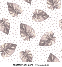 Tropical hawaii monstera leaves print seamless pattern. Light pink pastel foliage ornament on doted leaf background. Exotic leaves Perfect for fabric design, textile print,