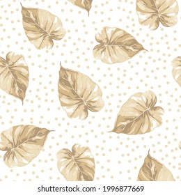 Tropical hawaii monstera leaves print seamless pattern. Light beige pastel foliage ornament on doted leaf background. Exotic leaves Perfect for fabric design, textile print,