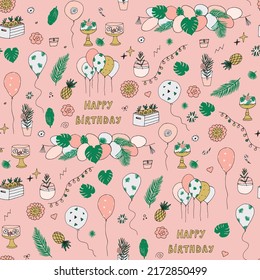Tropical Hawaii party Birthday seamless vector pattern