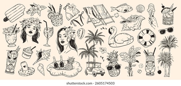 Tropical Hawaii summer exotic doodle set, vector hand drawn beach rest party cocktail illustration. Ocean paradise vacation kit, female portrait, fresh fruit beverages clipart. Tropical summer icon