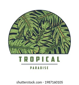 Tropical hawaii and summer surfing. Exotic plant for t-shirt print. Palm and monstera for tropic surf design