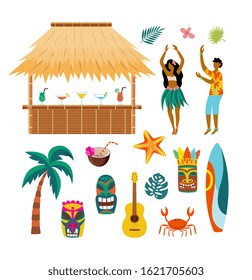 Tropical Hawaii summer vacation drawing set - dancing people, Tiki bar hut, wooden masks and other holiday resort symbols. Flat isolated vector illustration.