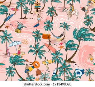 Tropical Hawaii Surf Beach Seamless Pattern illustration Vector On Pink Background Wallpaper, Palm Tree With Beach-men Playing Surf 