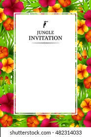 Tropical hawaiian background with jungle palm tree leaves, exotic flowers and butterflies. Vertical vector  invitation banners with hibiscus floral decorations and copy space
