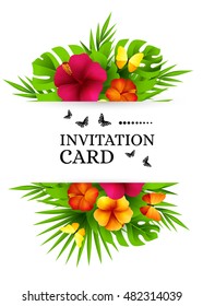 Tropical hawaiian background with jungle palm tree leaves, exotic flowers and butterflies. Vertical vector  invitation banners with hibiscus floral decorations and copy space