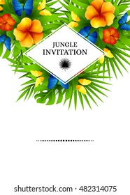 Tropical hawaiian background with jungle palm tree leaves, exotic flowers and rainbow butterflies. Vertical vector  invitation banners with hibiscus floral decorations and copy space