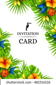 Tropical hawaiian background with jungle palm tree leaves, exotic flowers and rainbow butterflies. Vertical vector  invitation banners with hibiscus floral decorations and copy space