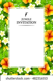 Tropical hawaiian background with jungle palm tree leaves, exotic flowers and yellow butterflies. Vertical vector  invitation banners with hibiscus floral decorations and copy space