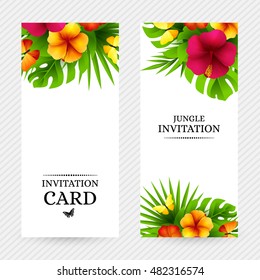 Tropical hawaiian background with jungle palm tree leaves, exotic flowers and butterflies. Vertical vector  invitation banners with hibiscus floral decorations and copy space