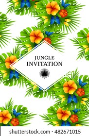 Tropical hawaiian background with jungle palm tree leaves, exotic flowers and rainbow butterflies. Vertical vector  invitation banners with hibiscus floral decorations and copy space