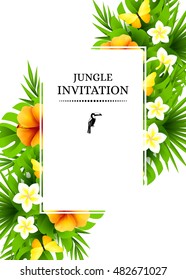 Tropical hawaiian background with jungle palm tree leaves, exotic flowers and yellow butterflies. Vertical vector  invitation banners with hibiscus floral decorations and copy space
