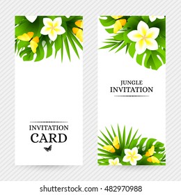 Tropical hawaiian background with jungle palm tree leaves, exotic flowers and yellow butterflies. Vertical vector  invitation banners with plumeria floral decorations and copy space