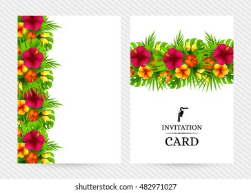 Tropical hawaiian background with jungle palm tree leaves, exotic flowers and butterflies. Vertical vector  invitation banners with hibiscus floral decorations and copy space