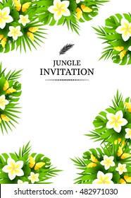 Tropical hawaiian background with jungle palm tree leaves, exotic flowers and yellow butterflies. Vertical vector  invitation banners with plumeria floral decorations and copy space