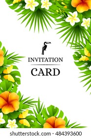 Tropical hawaiian background with jungle palm tree leaves, exotic flowers and yellow butterflies. Vertical vector  invitation banners with hibiscus floral decorations and copy space