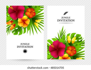 Tropical hawaiian background with jungle palm tree leaves, exotic flowers and butterflies. Vertical vector  invitation banners with floral decorations and copy space