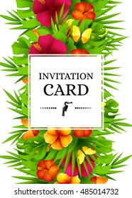 Tropical hawaiian background with jungle palm tree leaves, exotic flowers and butterflies. Vertical vector  invitation banners with hibiscus floral decorations and copy space