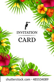 Tropical hawaiian background with jungle palm tree leaves, exotic flowers and butterflies. Vertical vector  invitation banners with hibiscus floral decorations and copy space