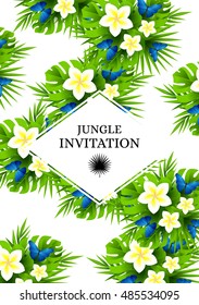 Tropical hawaiian background with jungle palm tree leaves, exotic flowers and blue butterflies. Vertical vector  invitation banners with plumeria floral decorations and copy space