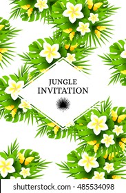 Tropical hawaiian background with jungle palm tree leaves, exotic flowers and yellow butterflies. Vertical vector  invitation banners with plumeria floral decorations and copy space