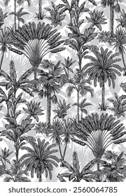 Tropical Hawaiian background. Seamless pattern with palm trees. Hand drawn botanical sketch. Black and white foliage design. Vector illustration.