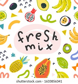 Tropical Hawaiian banner with exotic fruits and abstract doodles. Round frame. Template design with copy space. Vector illustration, lettering for fresh bar cover