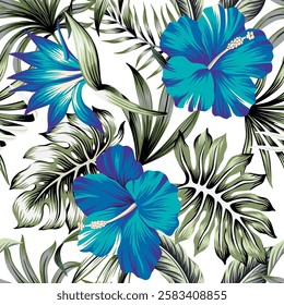 Tropical Hawaiian blue hibiscus flower, palm leaves floral seamless pattern white background. Exotic jungle wallpaper.