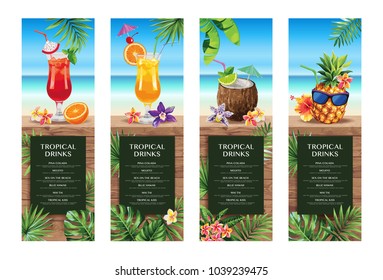 Tropical Hawaiian Cocktail Menu. Beach Bar. Template Design. Vector Illustration.