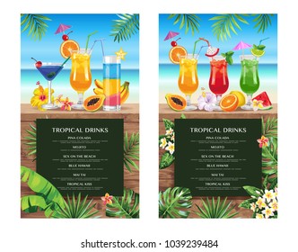 Tropical Hawaiian cocktail menu. Beach bar. Template design. Vector illustration.
