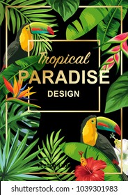 Tropical Hawaiian design with birds, palm leaves and exotic flowers on a black background. Square frame. Vector illustration.