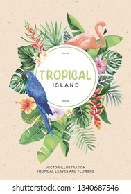 Tropical Hawaiian design with birds, palm leaves and exotic flowers. Template design. Round frame. Vector illustration.