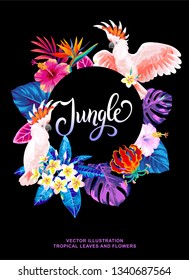Tropical Hawaiian design with birds, palm leaves and exotic flowers. Round frame. Vector illustration.
