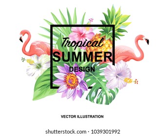 Tropical Hawaiian design with flamingos, palm leaves and exotic flowers. Square frame. Vector illustration.