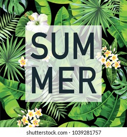 Tropical Hawaiian design with palm leaves and exotic flowers. Square frame. Vector illustration.