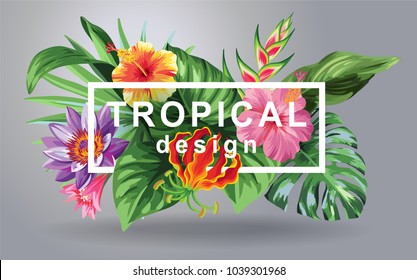 Tropical Hawaiian design with palm leaves and exotic flowers. Square frame. Vector illustration.