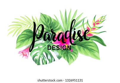 Diseño tropical hawaiano con hojas de palma y flores exóticas. Ilustración vectorial.