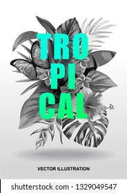 Tropical Hawaiian design with palm leaves and exotic flowers. Vector illustration.