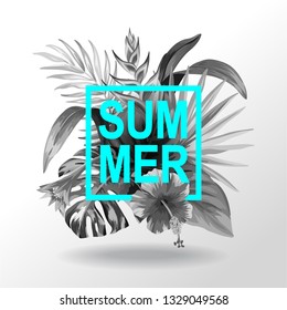 Tropical Hawaiian design with palm leaves and exotic flowers. Square frame. Vector illustration.