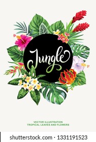 Tropical Hawaiian design with palm leaves and exotic flowers. Round frame. Vector illustration.