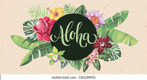 Tropical Hawaiian design with palm leaves and exotic flowers on a vintage background. Vector illustration.
